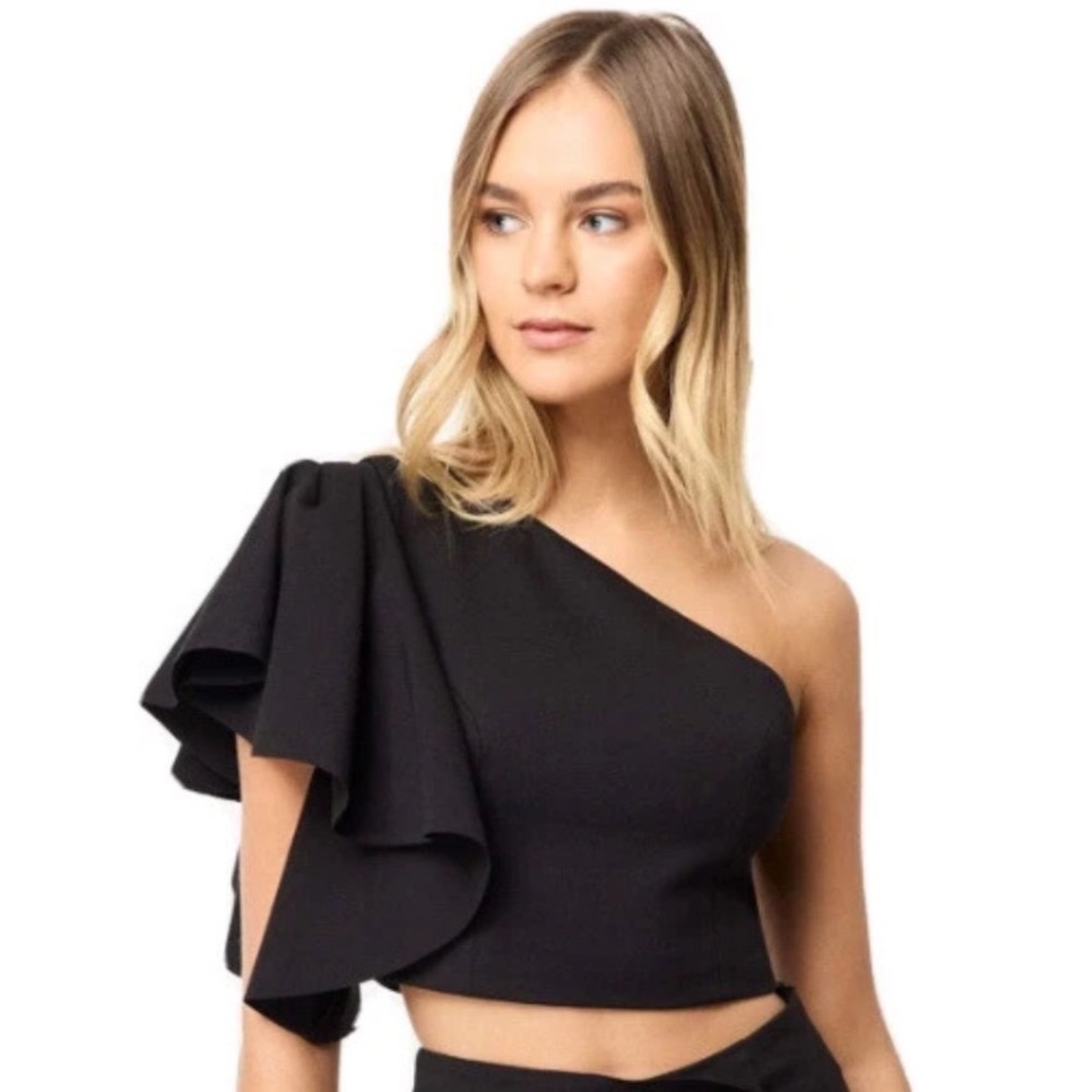 Elliatt Komodo One Shoulder Ruffle Sleeve Crop Top M Black Coquette Vampy Goth